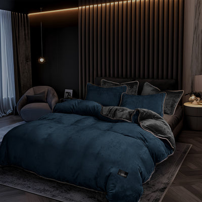 Velos Complete velvet bedding set styled in a luxury modern bedroom